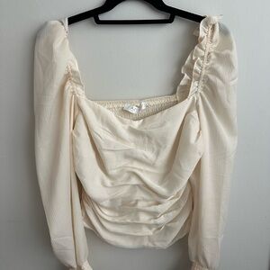 Astr Cream Ruched Blouse with Puffed Sleeves